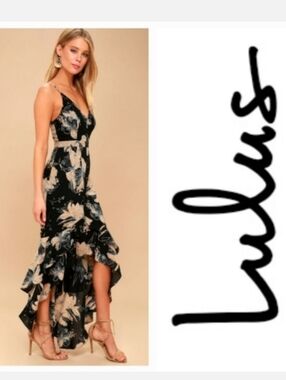 Lulus Darling Daylily Black Floral Print High-Low Maxi Dress Sz M